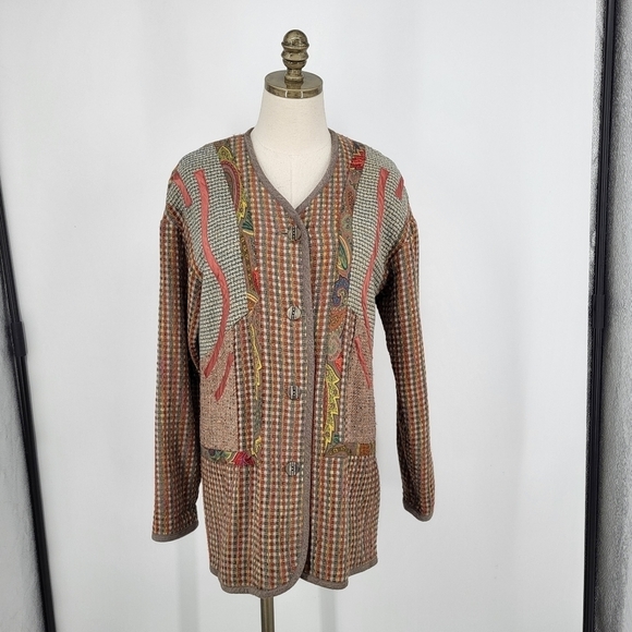 Vintage Wool Blend Blazer Jacket Button Up Plaid Funky Retro Art Print 70s 80s M - Picture 2 of 10